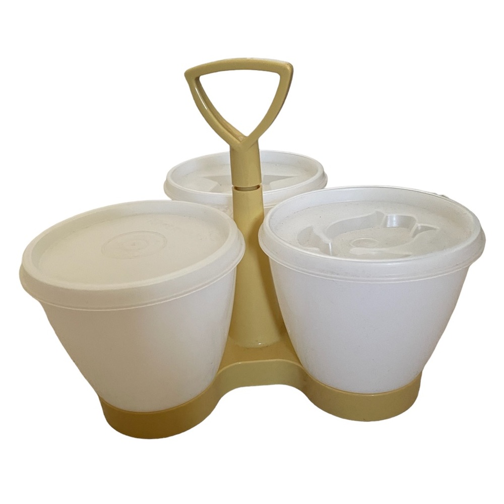 VINTAGE TUPPERWARE Trio Condiment Caddy Gold Almond Set